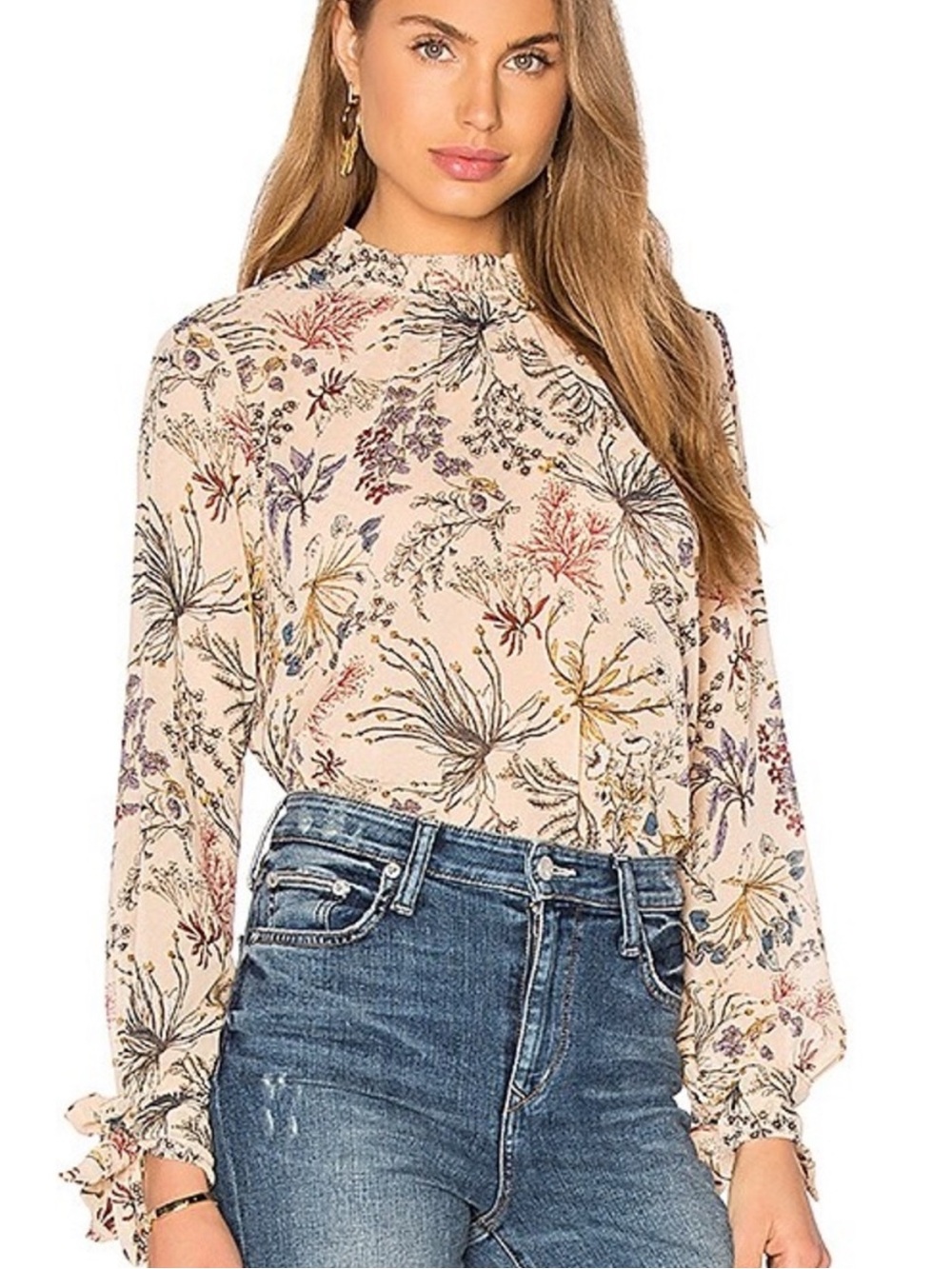 Wayf Cream Floral High-Neck Tie-Cuff Blouse